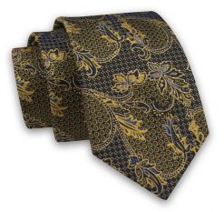 Granatowo-Żółty Elegancki Męski Krawat -ALTIES- 7cm, Stylowy, Klasyczny, Wzór Orientalny. Niebieskie krawaty i muchy męskie Alties, bez wzorów, z tkaniny, eleganckie. Za 49.00 zł.