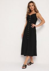 Czarna Sukienka na Cienkich Regulowanych Ramiączkach Zapinana na Guziki Palfea. Czarne sukienki damskie Born2be, na spotkanie biznesowe, l, z aplikacjami, eleganckie, bez kołnierzyka, bez ramiączek, midi. W wyprzedaży za 79.99 zł.