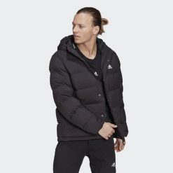 Kurtka męska zimowa puchowa pikowana Adidas HELIONIC. Czarne kurtki męskie Adidas, na zimę, m, z aplikacjami, z materiału, klasyczne, z kapturem. Za 776.20 zł.