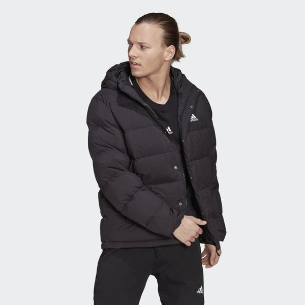 Kurtka męska zimowa puchowa pikowana Adidas HELIONIC. Czarne kurtki męskie Adidas, na zimę, m, z aplikacjami, z materiału, klasyczne, z kapturem. Za 776.20 zł.
