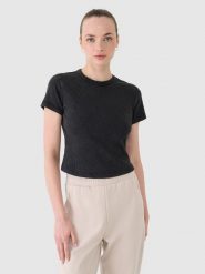 4F T-shirt slim z prążkowanej dzianiny damski - czarny L. Czarne t-shirty damskie 4f, l, bez wzorów, z bawełny, bez kołnierzyka. W wyprzedaży za 49.99 zł.