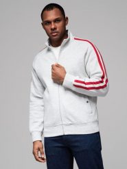 Męska bluza dresowa z wysokim kołnierzem i lampasami – szary melanż V1 OM-SSZP-0219 - XXL. Szare bluzy bez kaptura męskie Ombre Clothing, l, z bawełny. Za 143.99 zł.