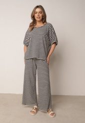 Beżowo-Granatowy Dzianinowy Komplet z Bawełny T-shirt i Szerokie Spodnie o Luźnym Fasonie w Paski Nemoress. Brązowe spodnie materiałowe damskie Born2be, bez wzorów, z bawełny, biznesowe. Za 199.99 zł.