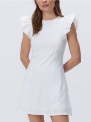 Sukienka mini z falbanami - biały. Białe sukienki damskie Reserved, na co dzień, l, bez wzorów, z dzianiny, bez kołnierzyka, bez ramiączek, mini, proste. Za 129.99 zł.