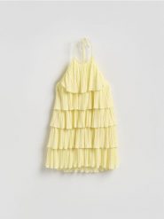 Sukienka z falbanami - jasnożółty. Żółte sukienki damskie Reserved, l, bez wzorów, z dzianiny, bez kołnierzyka, bez ramiączek. Za 129.99 zł.