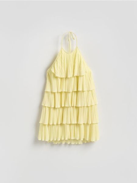 Sukienka z falbanami - jasnożółty. Żółte sukienki damskie Reserved, l, bez wzorów, z dzianiny, bez kołnierzyka, bez ramiączek. Za 129.99 zł.