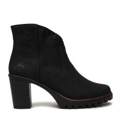Botki Rieker. Czarne botki damskie Rieker, bez obcasa, na słupku, bez zapięcia. Za 329.99 zł.