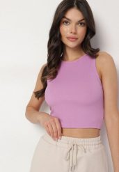Jasnofioletowy Krótki Tank Top z Prążkowanej Tkaniny Nevallia. Fioletowe topy damskie Born2be, l, bez wzorów, z dzianiny, bez kołnierzyka. Za 34.99 zł.