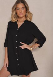 Czarna Pudełkowa Sukienka Bawełniana Oversize z Dekoltem w Serek Elavellis. Czarne sukienki damskie Renee, na co dzień, m, bez wzorów, z bawełny, eleganckie, bez kołnierzyka, bez ramiączek, mini, oversize. Za 99.99 zł.