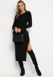 Czarna Sukienka Midi z Prążkowanej Dzianiny z Wiązaniami po Bokach Aramelia. Czarne sukienki damskie Born2be, m, bez wzorów, z dzianiny, bez kołnierzyka, bez ramiączek, midi. Za 84.99 zł.