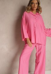 Fuksjowy Wiskozowy Komplet Oversize Koszula i Spodnie Wide Leg Zierana. Czerwone koszule damskie Renee, bez wzorów, z materiału. Za 99.99 zł.