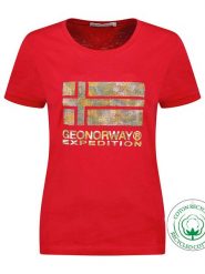 Geographical Norway Koszulka "Jwild" w kolorze czerwonym rozmiar: L. Czerwone bluzki damskie Geographical Norway, l, bez wzorów, z bawełny, bez kołnierzyka, bez ramiączek. Za 61.46 zł.