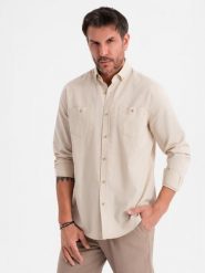 Koszula męska lniana z klasycznym kołnierzykiem i kieszeniami REGULAR FIT – kremowa V3 - Rozmiar: S. Białe koszule męskie Ombre Clothing, na lato, l, z aplikacjami, z bawełny, bez kołnierzyka, bez ramiączek. Za 219.99 zł.
