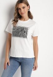 Biały T-shirt z Bawełny o Kroju Oversize z Nadrukiem z Zebrą Naliviel. Białe t-shirty damskie Born2be, m, bez wzorów, z bawełny, bez kołnierzyka. Za 34.99 zł.