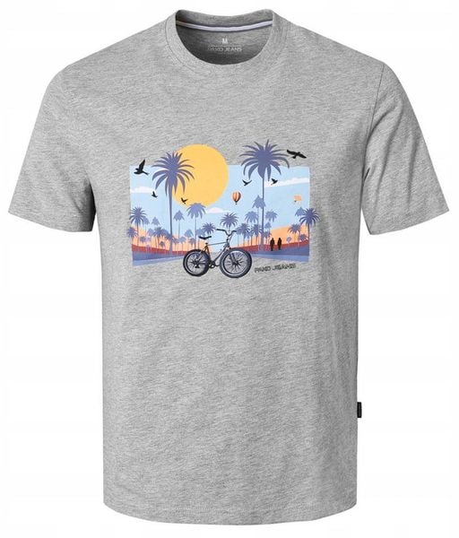 Męska Koszulka (T-Shirt) - Pako Jeans - Szara, Palmy, Rower, Słońce. Szare t-shirty męskie Pako Jeans, l, z bawełny, bez ramiączek, rowerowe. Za 79.00 zł.