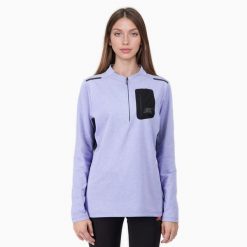 Damska koszulka do biegania z długim rękawem i półzamkiem FOCUS. Fioletowe t-shirty damskie BODYCROSS, bez wzorów, z materiału, bez kołnierzyka. W wyprzedaży za 149.99 zł.