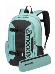 Plecak na laptopa z paskami na deskorolkę – Sea Green Meatfly + piórnik. Zielone plecaki damskie Meatfly, bez wzorów, z materiału. Za 254.99 zł.