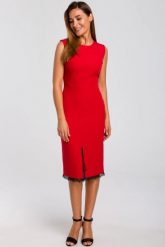 Elegancka sukienka ołówkowa midi rozcięcie na dole i koronka czerwona. Czerwone sukienki damskie Sukienki.shop, do pracy, l, bez wzorów, z elastanu, biznesowe, bez kołnierzyka, bez ramiączek, midi, ołówkowe. Za 249.00 zł.