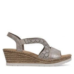 Sandały Rieker. Szare sandały damskie Rieker, bez wzorów, bez obcasa, na koturnie. Za 299.99 zł.