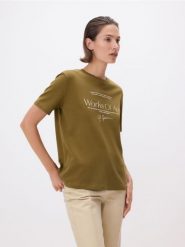 T-shirt z nadrukiem - oliwkowy. Zielone t-shirty damskie Reserved, l, bez wzorów, z bawełny, bez kołnierzyka. W wyprzedaży za 22.99 zł.