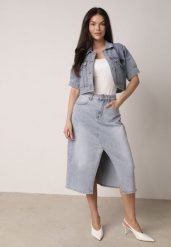 Niebieska Jeansowa Spódnica z Bawełną Wysokim Stanem i Rozcięciem z Przodu Cannate. Niebieskie spódniczki damskie Born2be, l, bez wzorów, z bawełny, z podwyższonym stanem, midi. Za 99.99 zł.