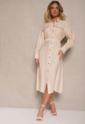 Beżowa Koszulowa Sukienka z Wiskozy z Paskiem z Klamrą i Kieszeniami Lisandrila. Brązowe sukienki damskie Renee, na co dzień, l, bez wzorów, z wiskozy, eleganckie, bez kołnierzyka, bez ramiączek, midi, koszulowe. W wyprzedaży za 104.99 zł.