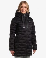 Damski płaszcz zimowy Kilpi BELIZE-W. Czarne płaszcze damskie Kilpi, na zimę, bez wzorów, z materiału, eleganckie. Za 533.00 zł.