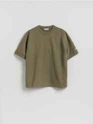 T-shirt boxy z nadrukiem - oliwkowy. Zielone t-shirty męskie Reserved, l, bez wzorów, z bawełny, bez kołnierzyka. Za 89.99 zł.