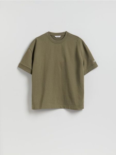 T-shirt boxy z nadrukiem - oliwkowy. Zielone t-shirty męskie Reserved, l, bez wzorów, z bawełny, bez kołnierzyka. Za 89.99 zł.