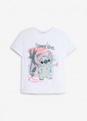 Koszulka Disney Stitch z czystej bawełny. Białe koszulki dziewczęce bonprix, bez wzorów, z bawełny, bez ramiączek. Za 64.99 zł.