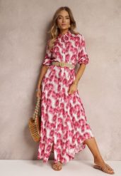 Fuksjowa Koszulowa Sukienka Maxi z Guzikami i Podpinanymi Rękawami Jaye. Czerwone sukienki damskie Renee, l, bez wzorów, boho, bez kołnierzyka, bez ramiączek, maxi, koszulowe. W wyprzedaży za 97.99 zł.