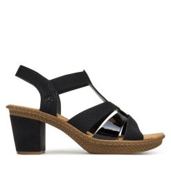 Sandały Rieker. Czarne sandały damskie Rieker, bez wzorów, bez obcasa, na słupku. Za 239.99 zł.