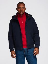 Męska kurtka z kapturem i wysoką stójką - granatowa V2 - Rozmiar: S. Niebieskie kurtki męskie Ombre Clothing, m, bez wzorów, z materiału, z kapturem. Za 299.99 zł.