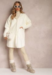 Jasnobeżowy Płaszcz Wełniany z Alpaką Oversize Długi z Kapturem Ortylia. Białe płaszcze damskie Renee, bez wzorów, z wełny. Za 159.99 zł.