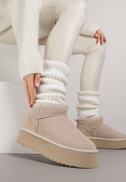 Beżowe Wsuwane Śniegowce na Platformie z Cholewką z Zamszu Naturalnego Mevelessa. Brązowe śniegowce damskie Born2be, z dzianiny. Za 159.99 zł.