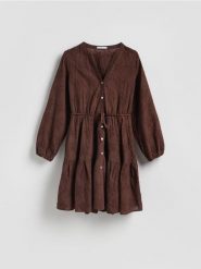 Sukienka z haftem - ciemnobrązowy. Brązowe sukienki damskie Reserved, l, bez wzorów, z bawełny, bez kołnierzyka, bez ramiączek. Za 179.99 zł.