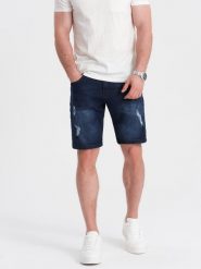 Krótkie spodenki męskie jeansowe z dziurami – ciemnoniebieskie V3 OM-SRDS-0146 - L. Niebieskie szorty męskie Ombre Clothing, z bawełny, bez kołnierzyka. W wyprzedaży za 49.99 zł.
