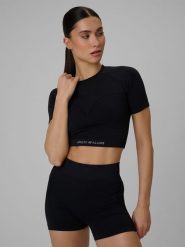 4F Crop top treningowy bezszwowy damski - czarny XS/S. Czarne topy damskie 4f, s, bez wzorów, z materiału, bez kołnierzyka. Za 79.99 zł.
