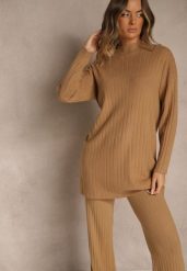 Brązowy Komplet Prążkowany z Bawełną Sweter Oversize i Szerokie Spodnie Wedorena. Brązowe spodnie materiałowe damskie Renee, bez wzorów, z bawełny. Za 119.99 zł.