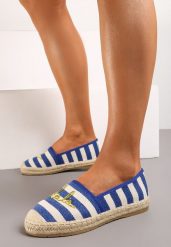 Niebieskie Espadryle przed Kostkę na Plecionej Podeszwie w Paski i z Napisem Hearta. Niebieskie espadryle damskie Renee, bez wzorów, z jeansu, bez obcasa. Za 19.99 zł.