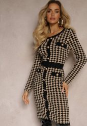 Czarno-Beżowa Sweterkowa Sukienka z Wiskozą w Pipetkę w Eleganckim Stylu Delassea. Czarne sukienki damskie Renee, na jesień, s, bez wzorów, z dzianiny, eleganckie, bez kołnierzyka, bez ramiączek. W wyprzedaży za 83.99 zł.