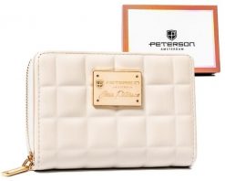 Pikowany, beżowy portfel damski ze skóry ekologicznej mieszczący dowód rejestracyjny - Peterson. Brązowe portfele damskie Peterson, bez wzorów, ze skóry ekologicznej. Za 36.00 zł.