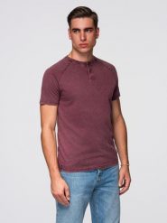 T-shirt męski z efektem sprania i guzikami przy dekolcie – burgundowy V3 - Rozmiar: S. Czerwone t-shirty męskie Ombre Clothing, na lato, m, bez wzorów, z bawełny, bez kołnierzyka. Za 149.99 zł.
