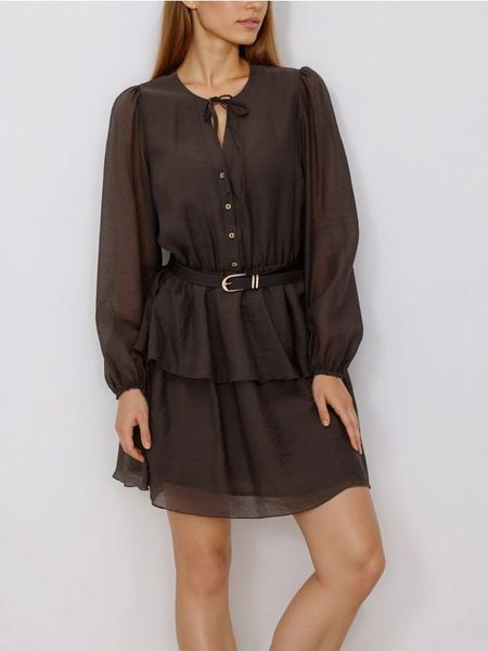 Sukienka z lyocellem - brązowy. Brązowe sukienki damskie Reserved, l, bez wzorów, z lyocellu, bez kołnierzyka, bez ramiączek, rozkloszowane. Za 139.99 zł.