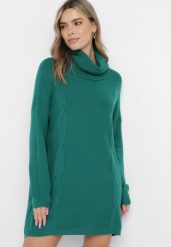 Ciemnozielony Golf Oversize o Wydłużonym Fasonie z Ozdobnym Wzorem Melisanda. Zielone golfy damskie Born2be, bez wzorów, bez ramiączek. Za 109.99 zł.