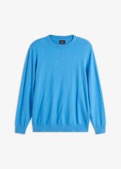 Cienki sweter z miękkiej mieszanki bawełny. Niebieskie swetry męskie bonprix, m, bez wzorów, z bawełny, bez kołnierzyka. Za 79.99 zł.