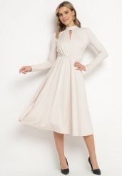 Beżowa Rozkloszowana Sukienka z Ozdobnym Wycięciem i Usztywnioną Linią Ramion Rivfedi. Brązowe sukienki damskie Born2be, na co dzień, l, bez wzorów, eleganckie, bez kołnierzyka, bez ramiączek, midi, proste. W wyprzedaży za 135.99 zł.
