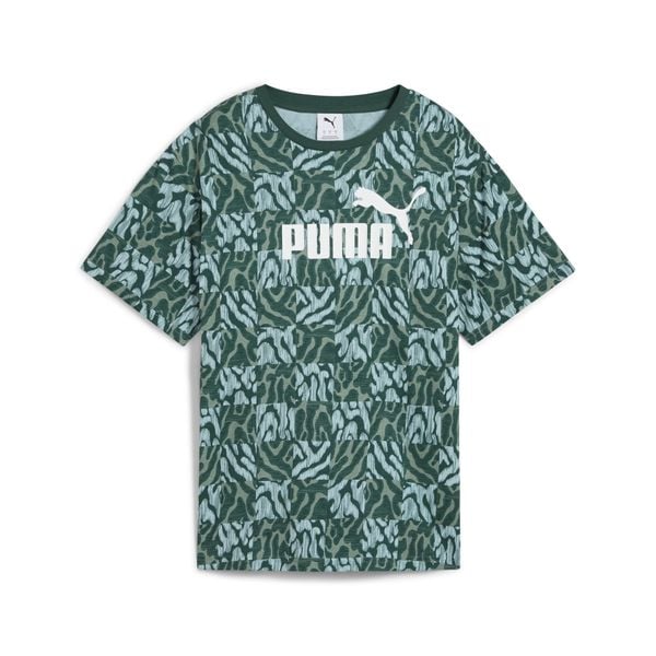 Damska luźna koszulka ESS GRAPHIC PUMA Green Moon. Zielone bluzki sportowe damskie Puma, xs, z gumy, bez kołnierzyka, bez ramiączek. Za 85.99 zł.