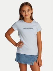 Calvin Klein Jeans T-Shirt Script Logo IG0IG02857 Błękitny Slim Fit. Niebieskie koszulki dziewczęce Calvin Klein Jeans, z bawełny. Za 69.99 zł.