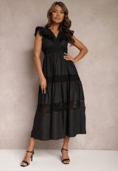 Czarna Rozkloszowana Sukienka Maxi z Koronką i Wiązaniem na Plecach Iofia. Czarne sukienki damskie Renee, na imprezę, m, w ażurowe wzory, z koronki, eleganckie, bez kołnierzyka, bez ramiączek, maxi, rozkloszowane. W wyprzedaży za 191.99 zł.